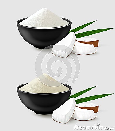 Coconut flour or powder in a black bowl with coco pieces and palm leaves. Side view Vector Illustration